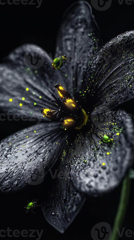 A mesmerizing black flower adorned with droplets and tiny green insects in a mystical atmosphere photo