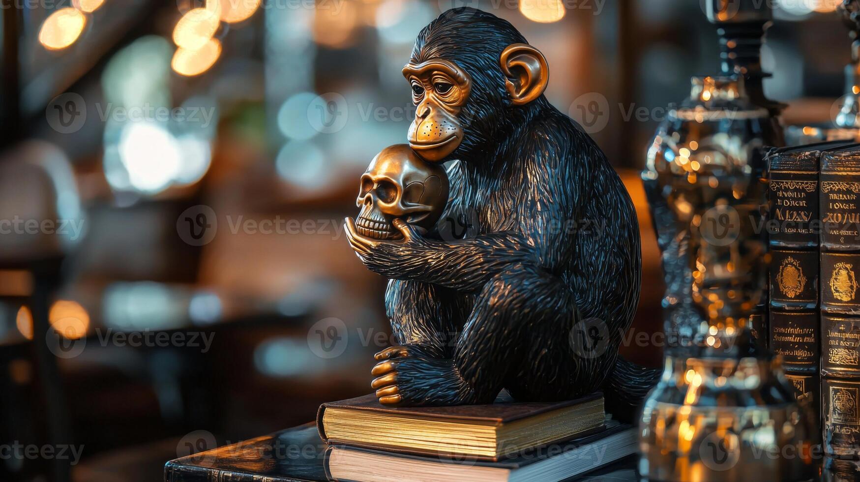A contemplative monkey statue holding a skull, surrounded by ornate decor in a cozy setting photo