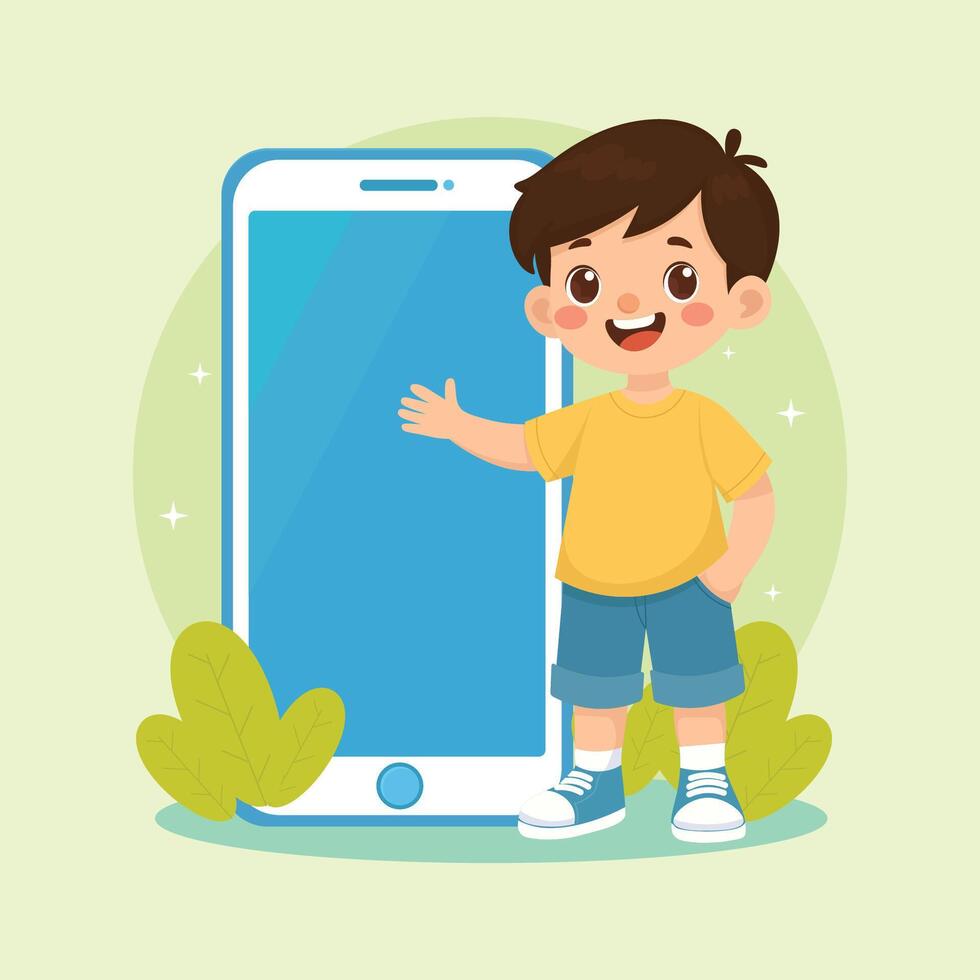 Cheerful Boy Standing Next to a Giant Smartphone Illustration vector