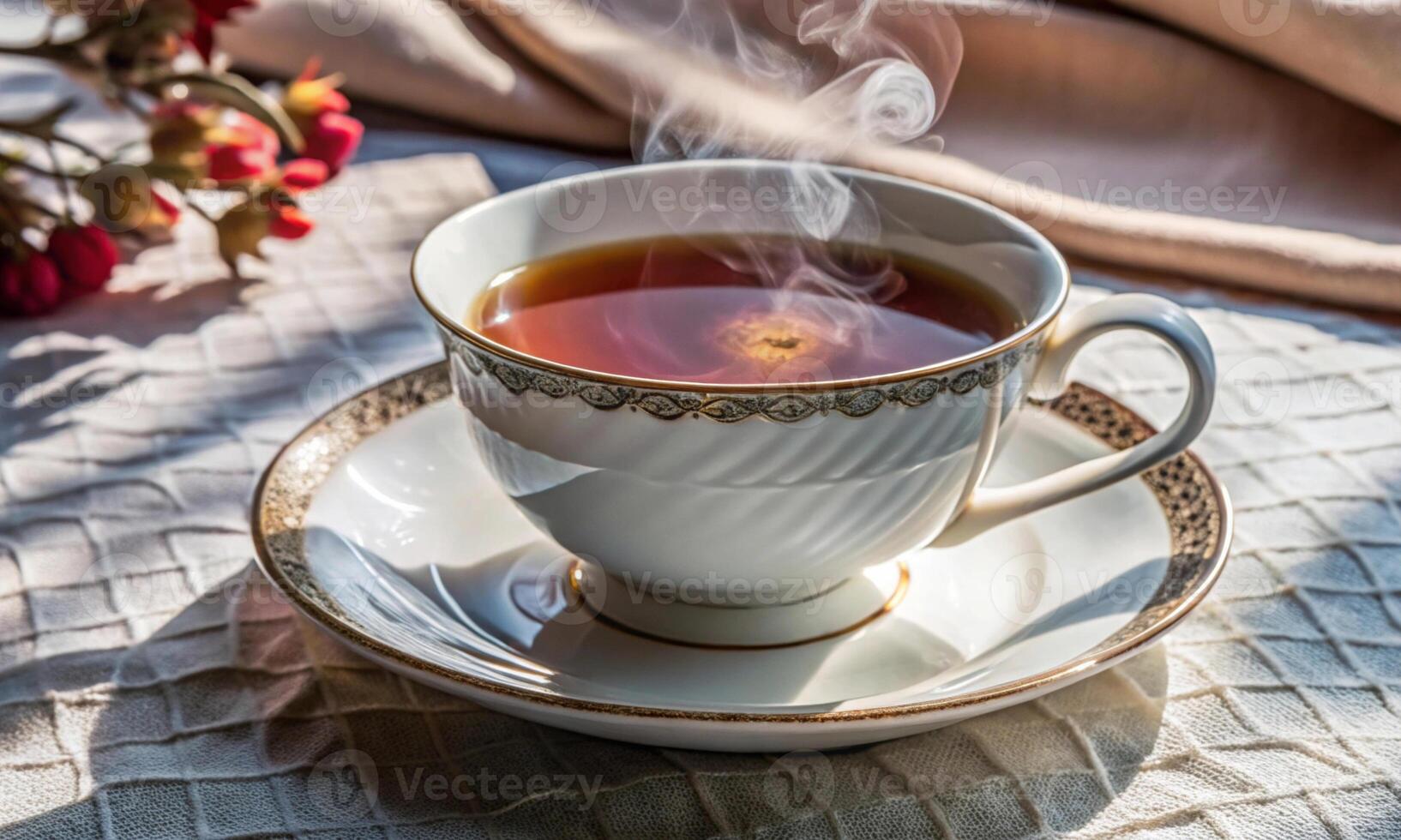 There is a bright cup of hot tea on the table in the rays of the sun photo