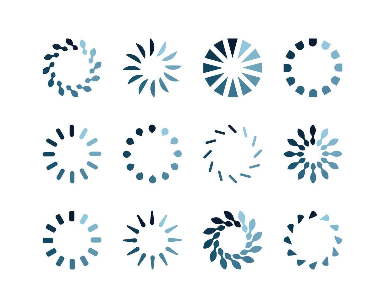 Twelve stylish loading icons in cool blue tones. Perfect for websites, apps, and presentations to indicate progress or process. Clean, modern design for a professional look. vector