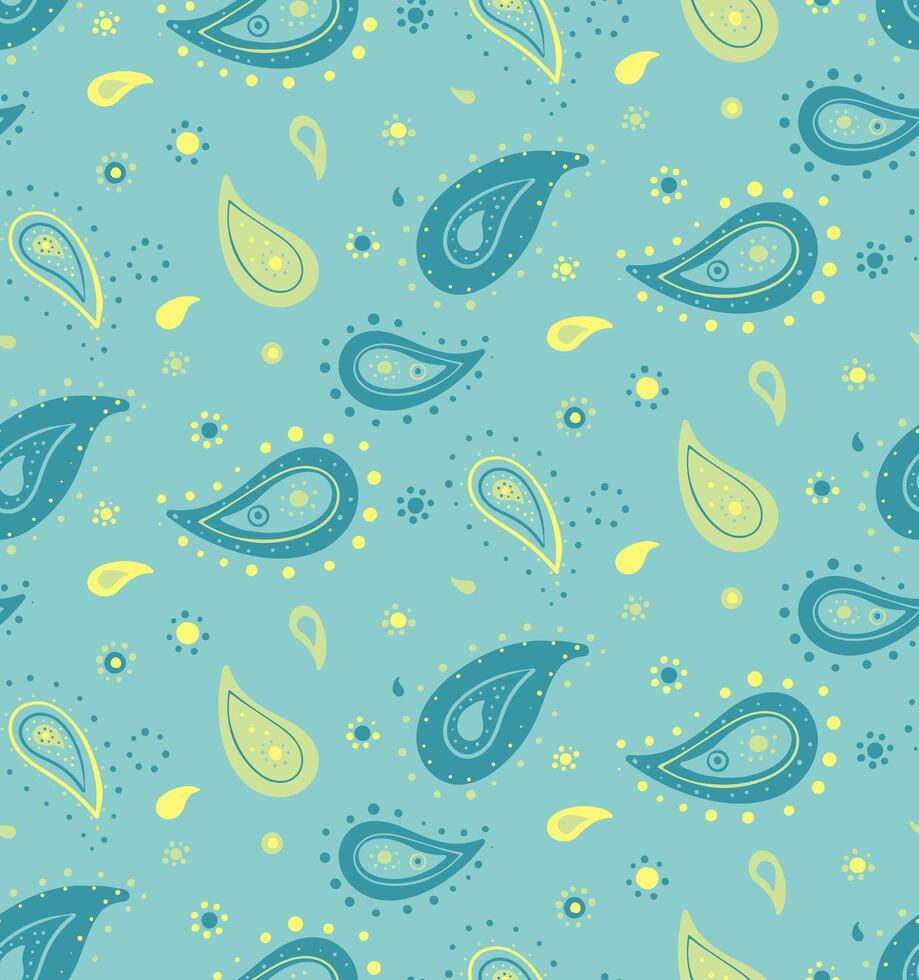 Delightful teal and yellow paisley pattern. Perfect for textile design, wallpaper, or vibrant website backgrounds. A cheerful, contemporary design with a touch of vintage charm. vector