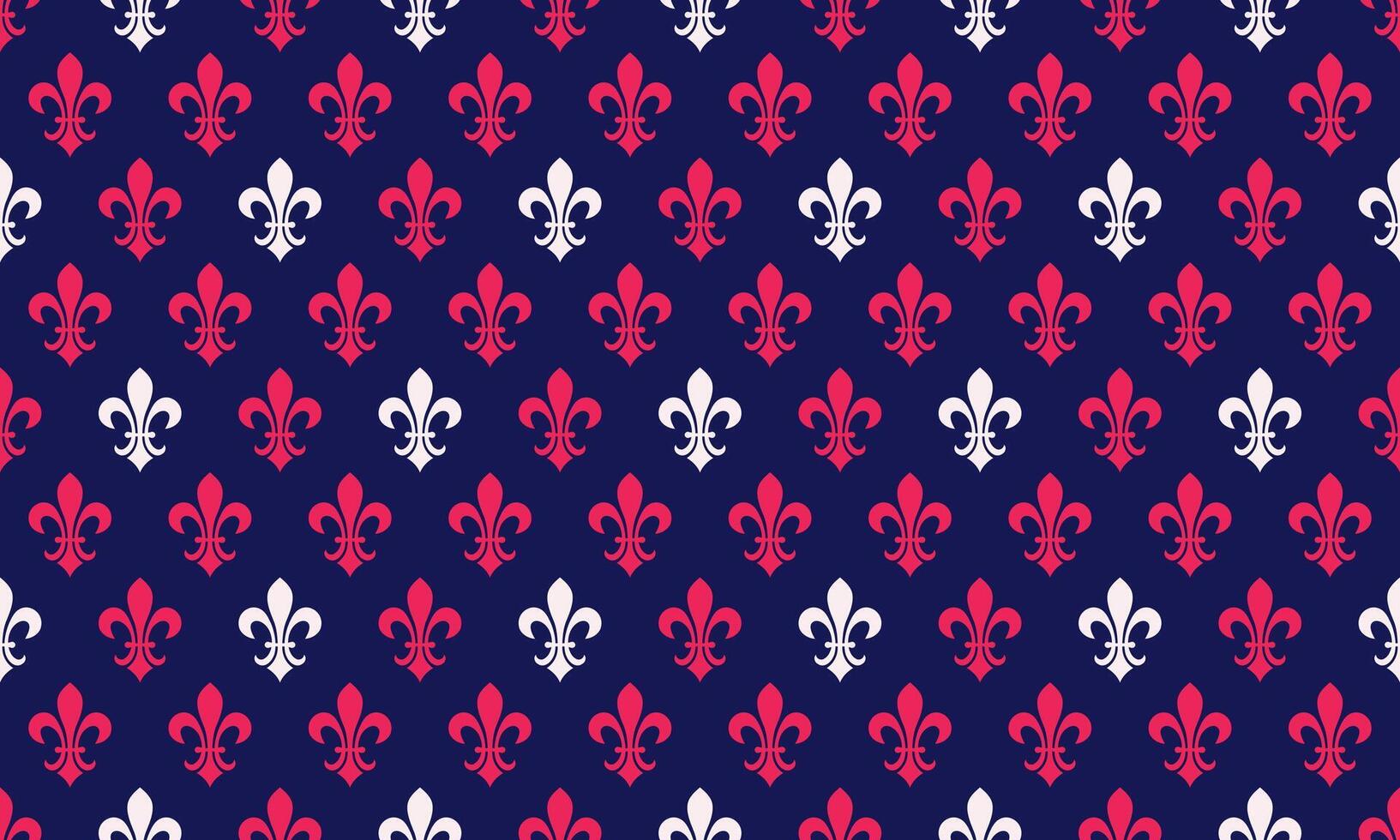 Elegant repeating pattern of red and white fleur-de-lis on a dark blue background. Perfect for website banners, textile designs, or wallpaper. A sophisticated and versatile design. vector