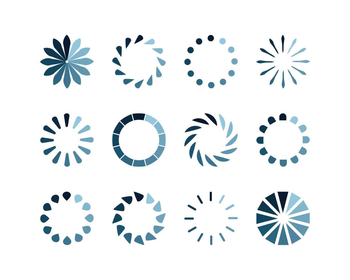 Twelve stylish loading icons in varying shades of blue. Perfect for websites, apps, and presentations needing a modern, clean aesthetic. vector