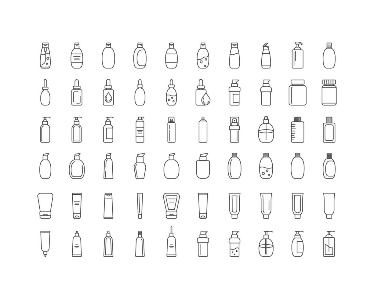Extensive collection of minimalist cosmetic container line icons. Perfect for websites, apps, and packaging design. Clean, modern style suitable for beauty, skincare, and health-related projects. vector