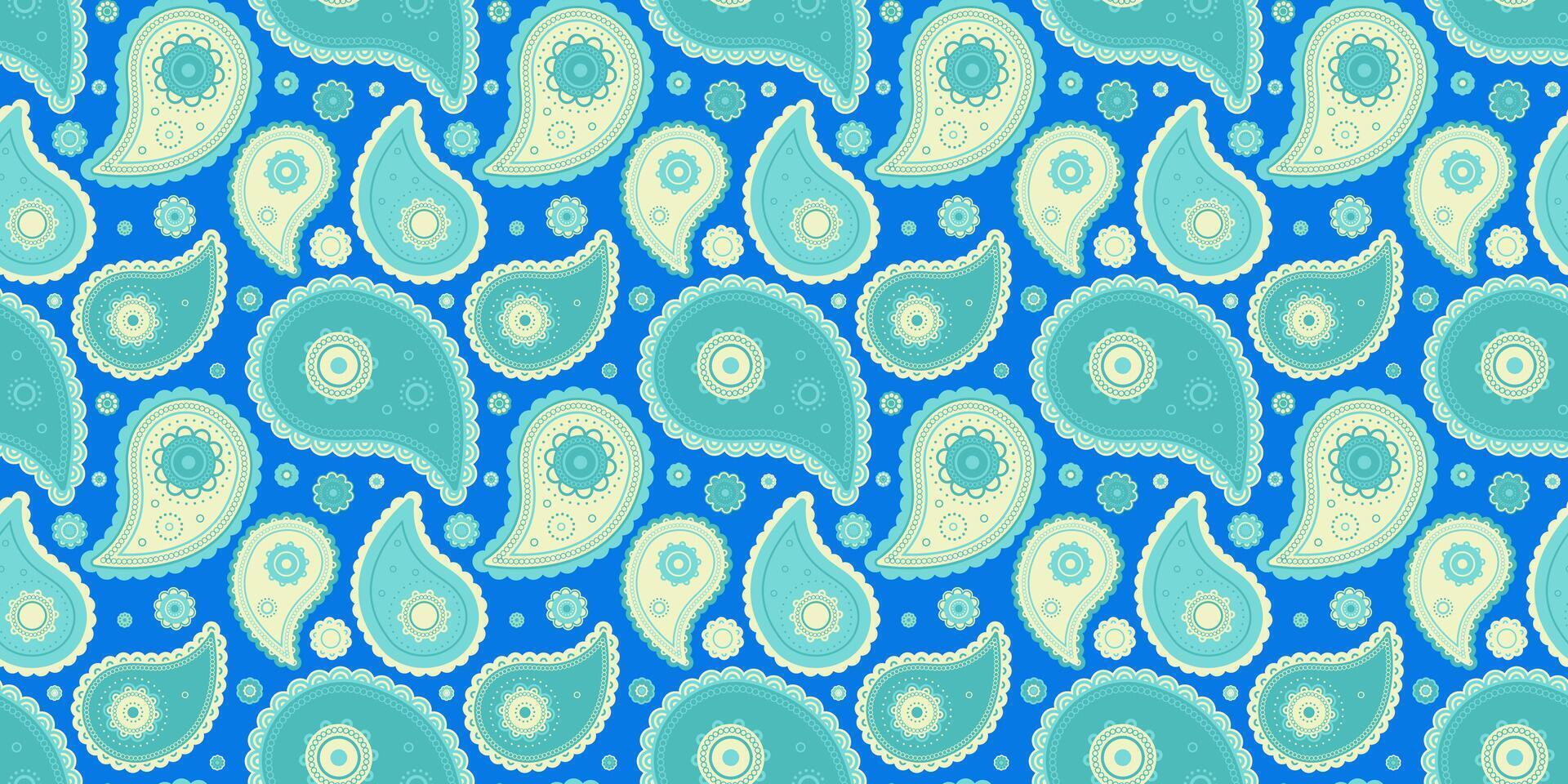 Vibrant teal and cream paisley pattern on a bright blue background. Perfect for textile design, wallpaper, or website backgrounds. vector