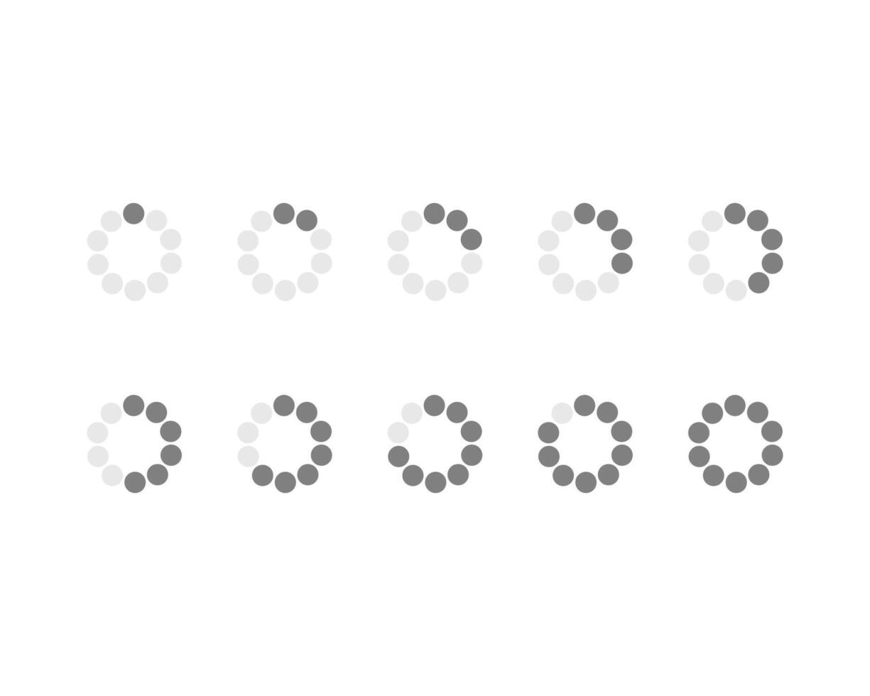 Ten minimalist loading icons in grayscale, perfect for website design, app interfaces, or presentations. Clean, simple, and versatile, these circular progress indicators offer a modern aesthetic. vector