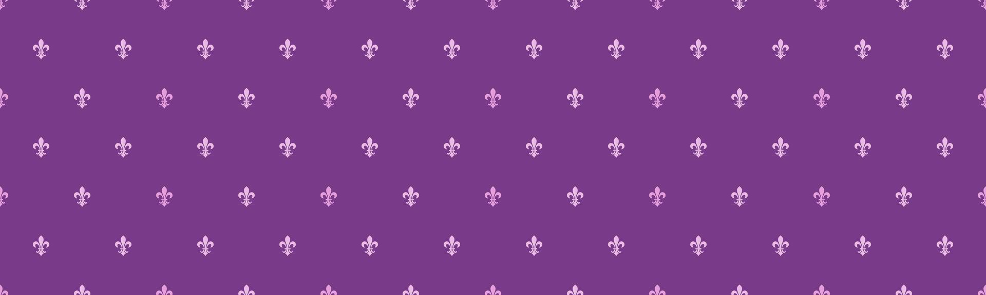 Elegant purple background with a repeating pattern of delicate pink fleur-de-lis. Perfect for website banners, invitations, textile designs, or any project needing a touch of regal sophistication. vector