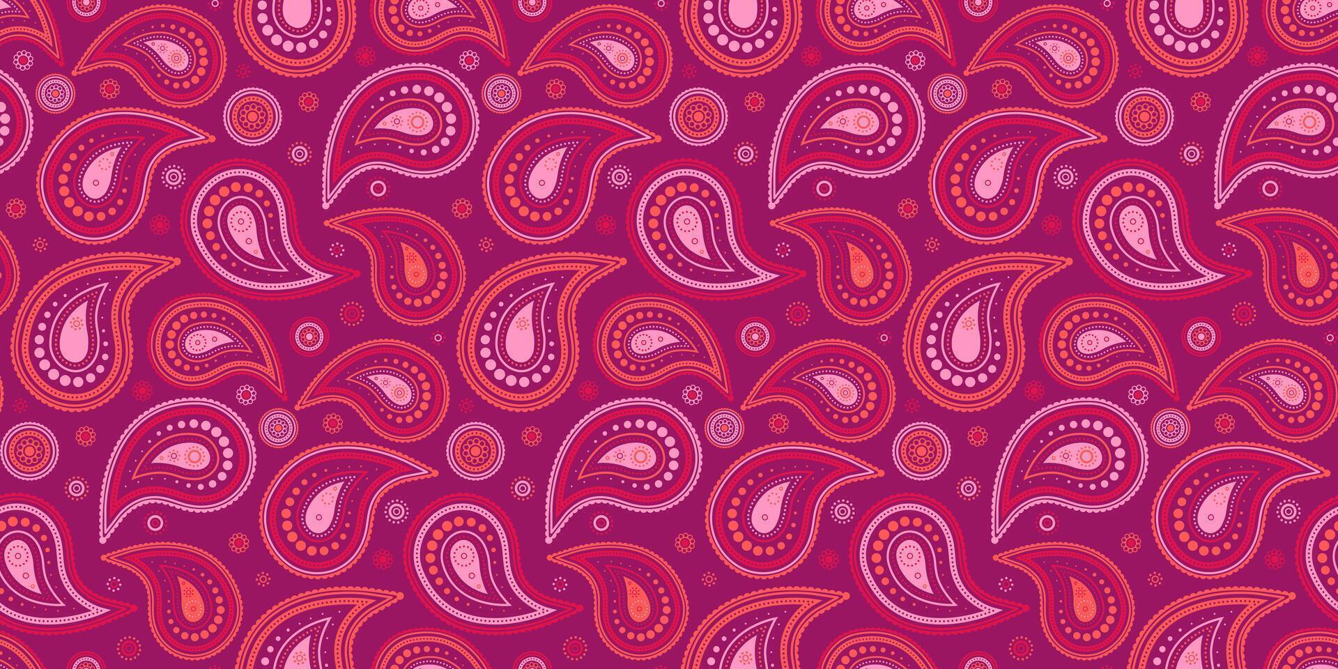 Vibrant paisley pattern in pink, orange, and maroon. Perfect for textiles, website backgrounds, or decorative projects. Stylish and eye-catching design with repeating motif. vector