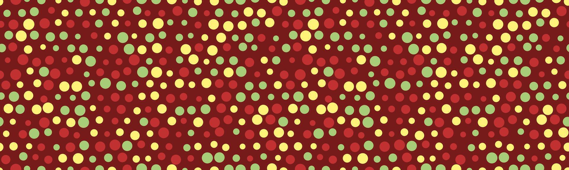 Vibrant, playful polka dot pattern in red, yellow, and green on a maroon background. Perfect for textile design, wrapping paper, or festive digital projects. vector