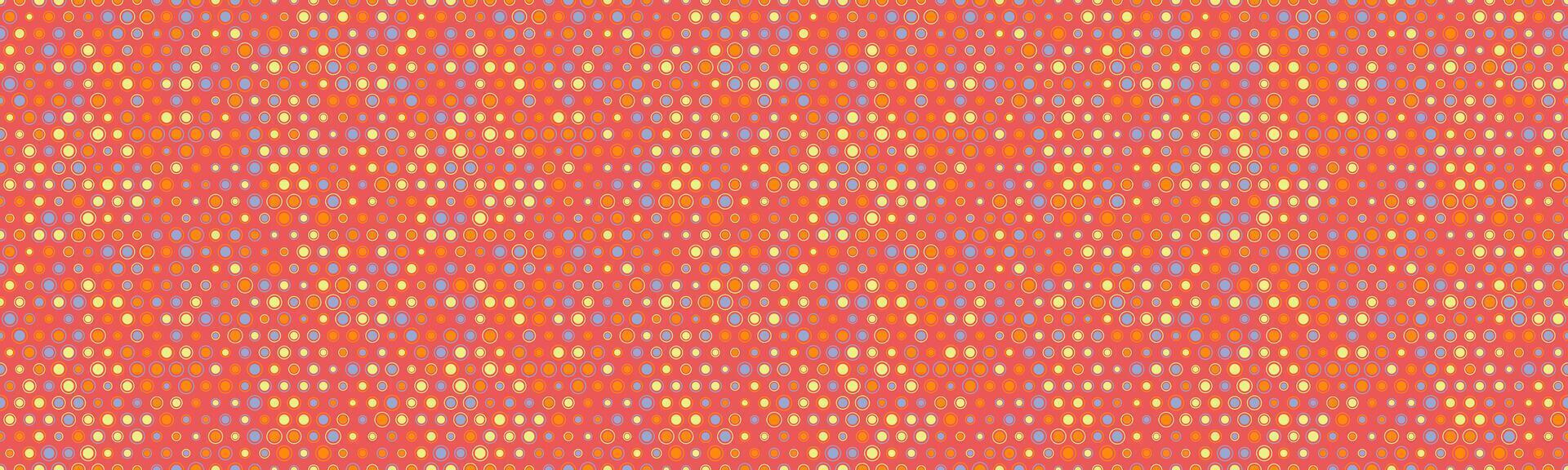 Vibrant, retro-style seamless pattern featuring colorful polka dots on a coral background. vector