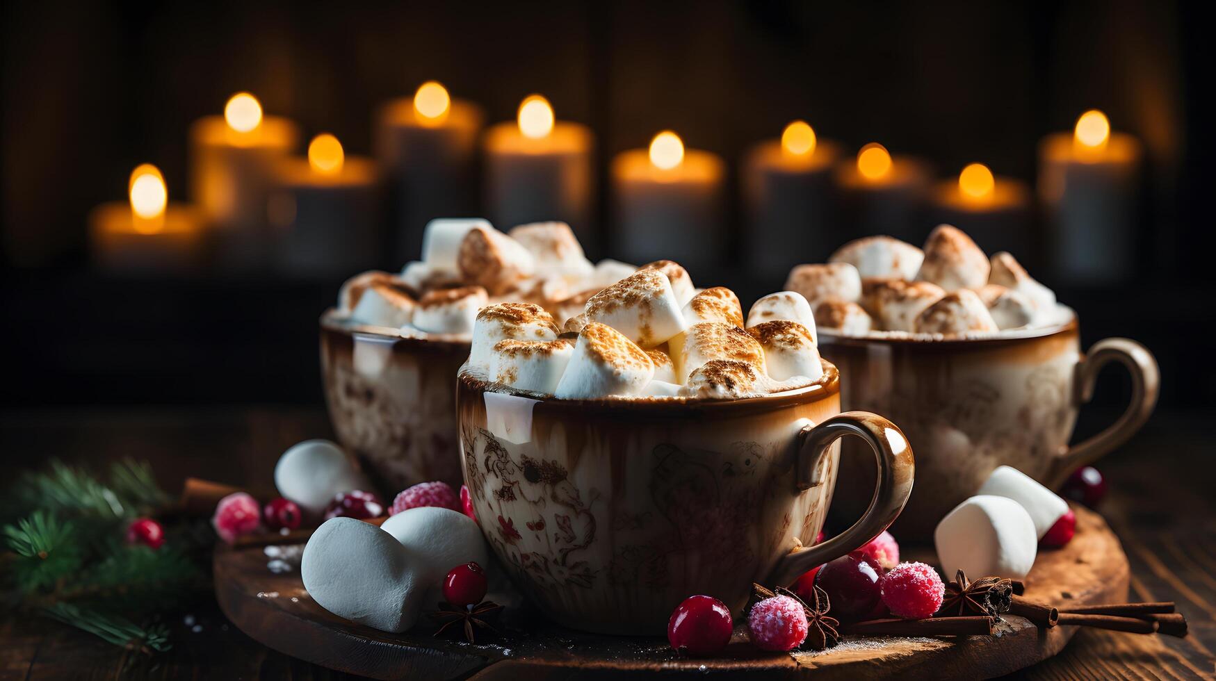Savoring warm hot chocolate with marshmallows cozy home setting food photography rustic atmosphere close-up view winter delight photo