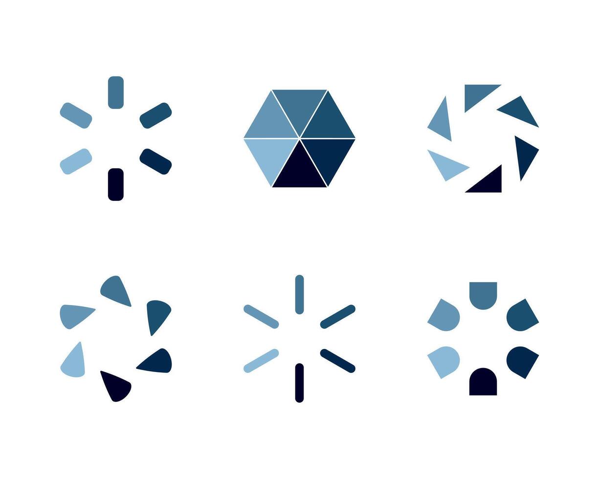 Six abstract loading icons in cool blue tones. Perfect for website design, app interfaces, or presentations needing a modern, minimalist feel. Versatile and easily adaptable to various projects. vector