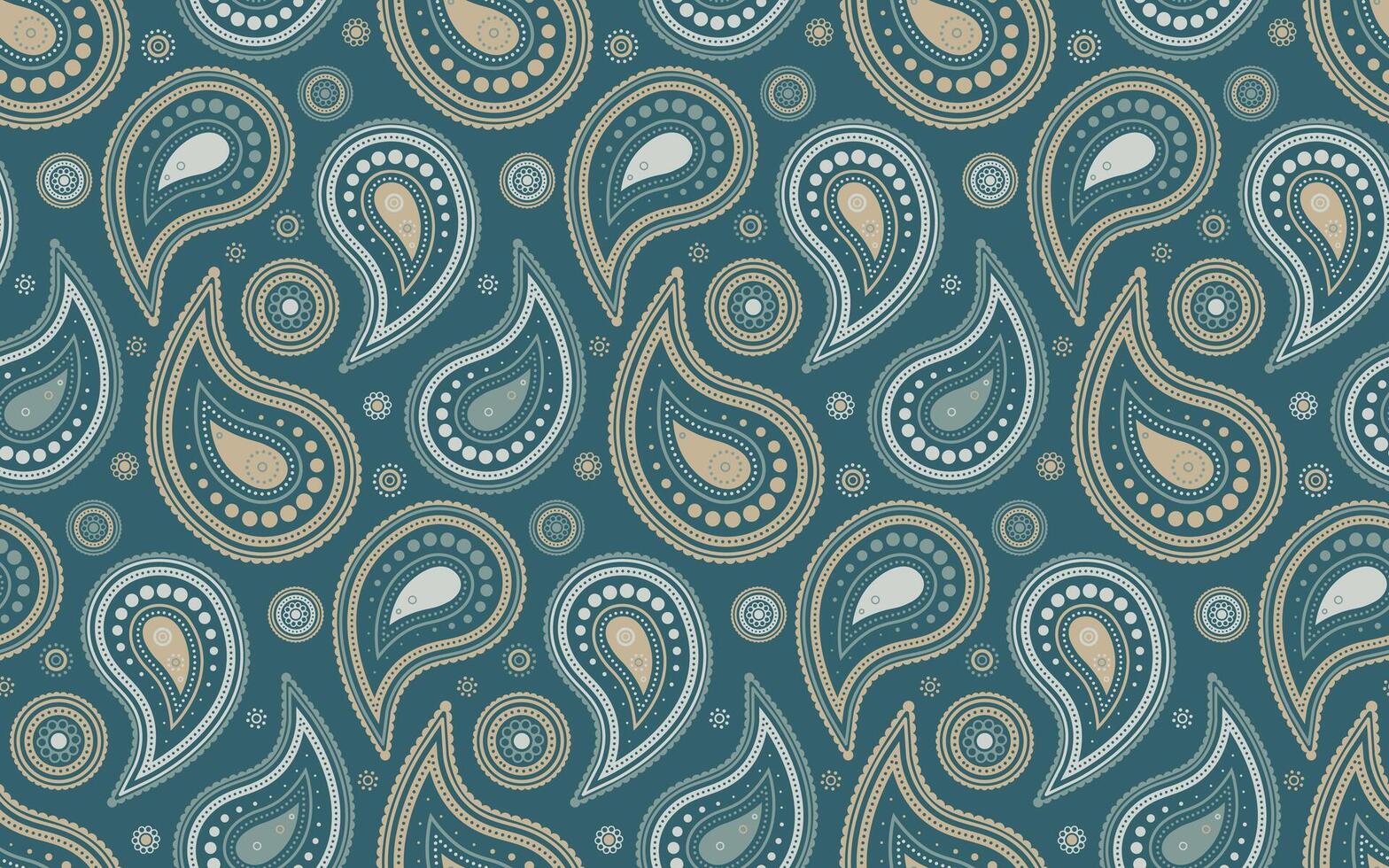 Elegant teal paisley pattern. Seamless design featuring ornate teardrop shapes and circles in muted beige and green tones. Perfect for textiles, wallpaper, and website backgrounds. vector