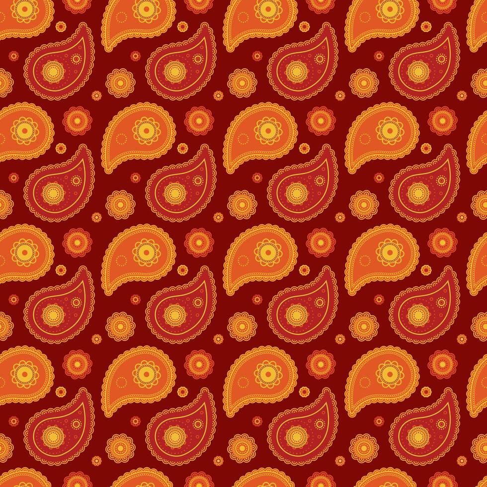 Vibrant paisley pattern in warm red and orange hues. Perfect for textile design, wallpaper, or festive backgrounds. Intricate details create a rich, luxurious feel. vector