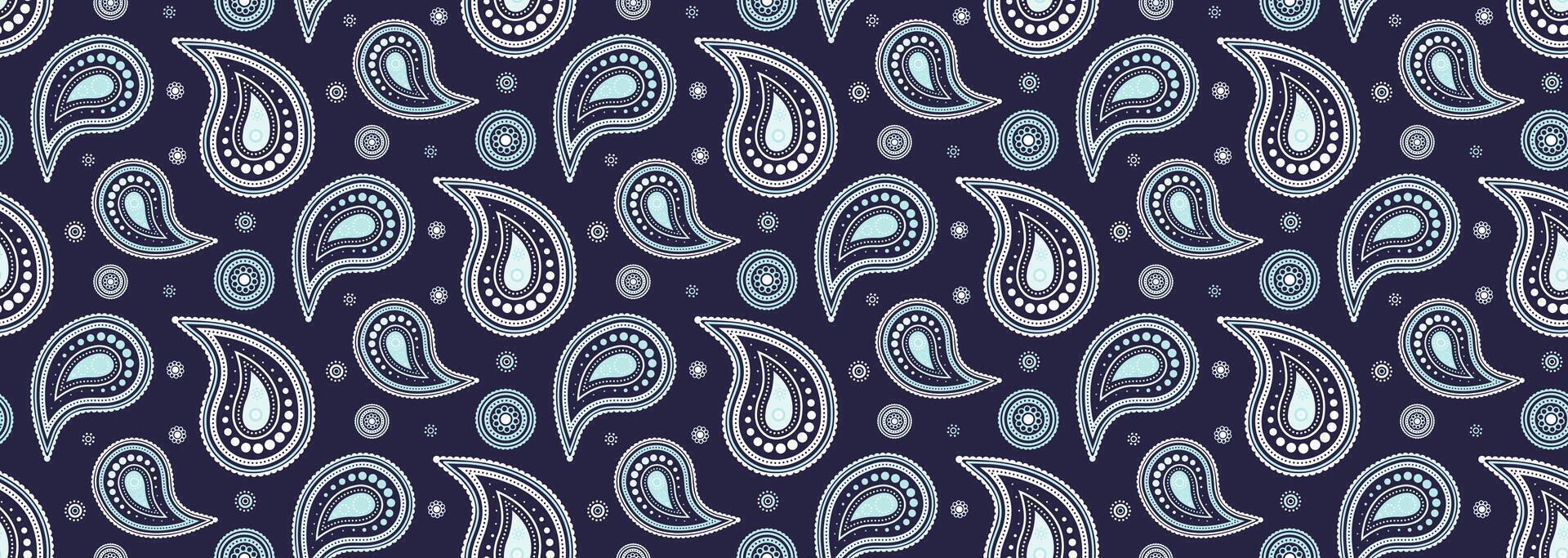 Elegant paisley pattern in cool blue tones on a navy background. Perfect for textile design, wallpaper, or website backgrounds. Repeatable seamless design adds visual interest and sophistication. vector