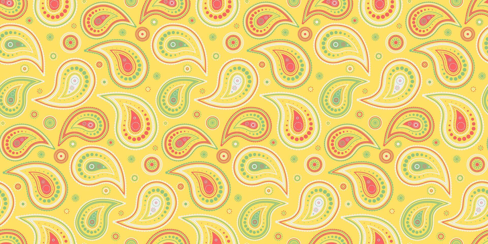 Vibrant paisley pattern in cheerful yellow, red, and green. Perfect for textile designs, wrapping paper, or website backgrounds. The playful style adds a touch of modern elegance. vector