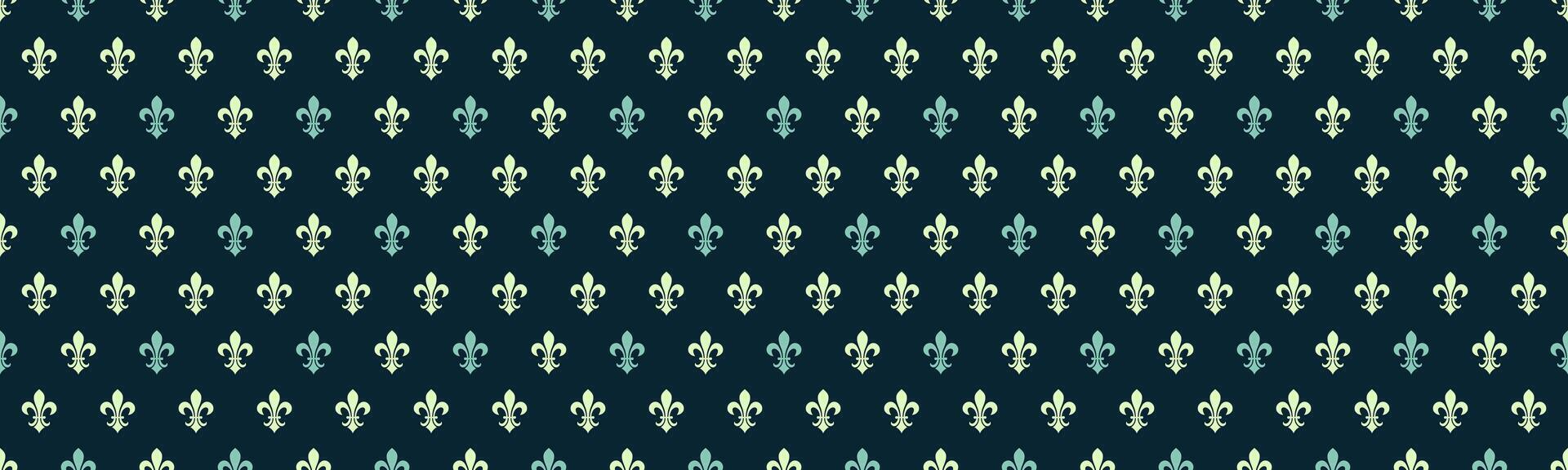 Elegant repeating pattern of fleur-de-lis in soft pastel hues on a dark background. Ideal for textile design, wallpaper, website backgrounds, and branding projects. vector