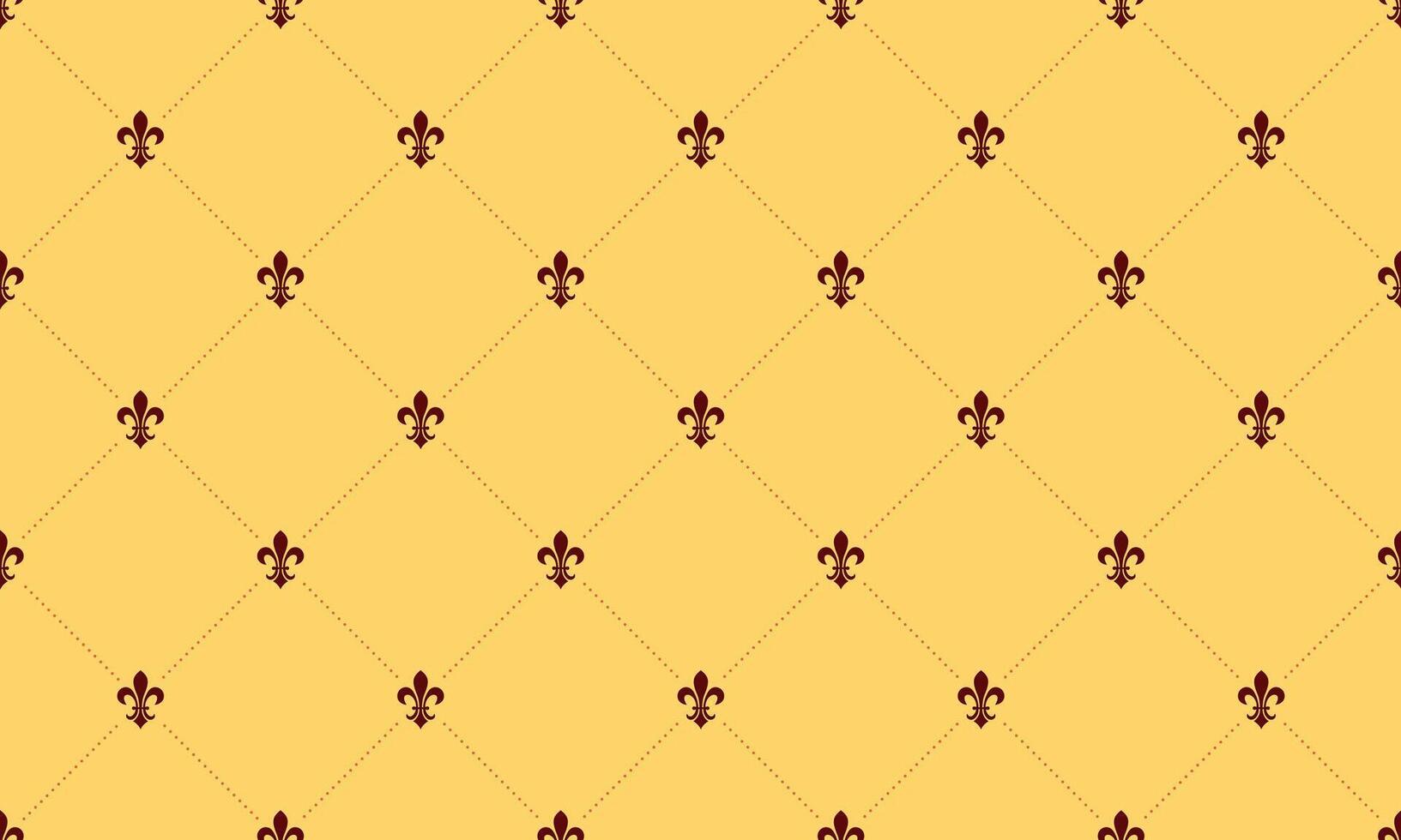 Elegant fleur-de-lis pattern on a warm yellow background. Perfect for website backgrounds, textile designs, or stationery. Subtle maroon accents add a touch of sophistication. vector