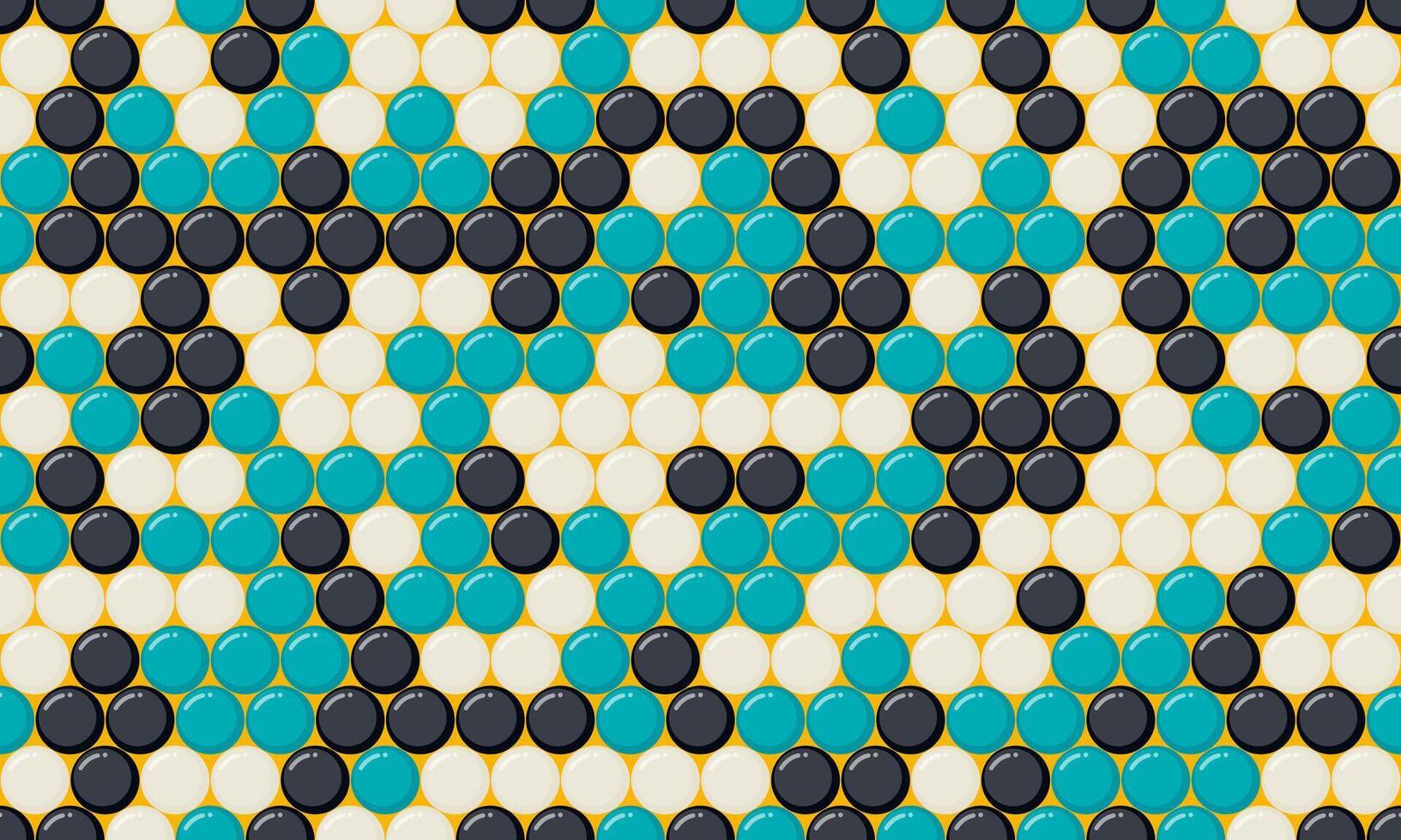Vibrant seamless pattern of teal, black, and off-white circles arranged in a geometric design on a mustard yellow background. vector