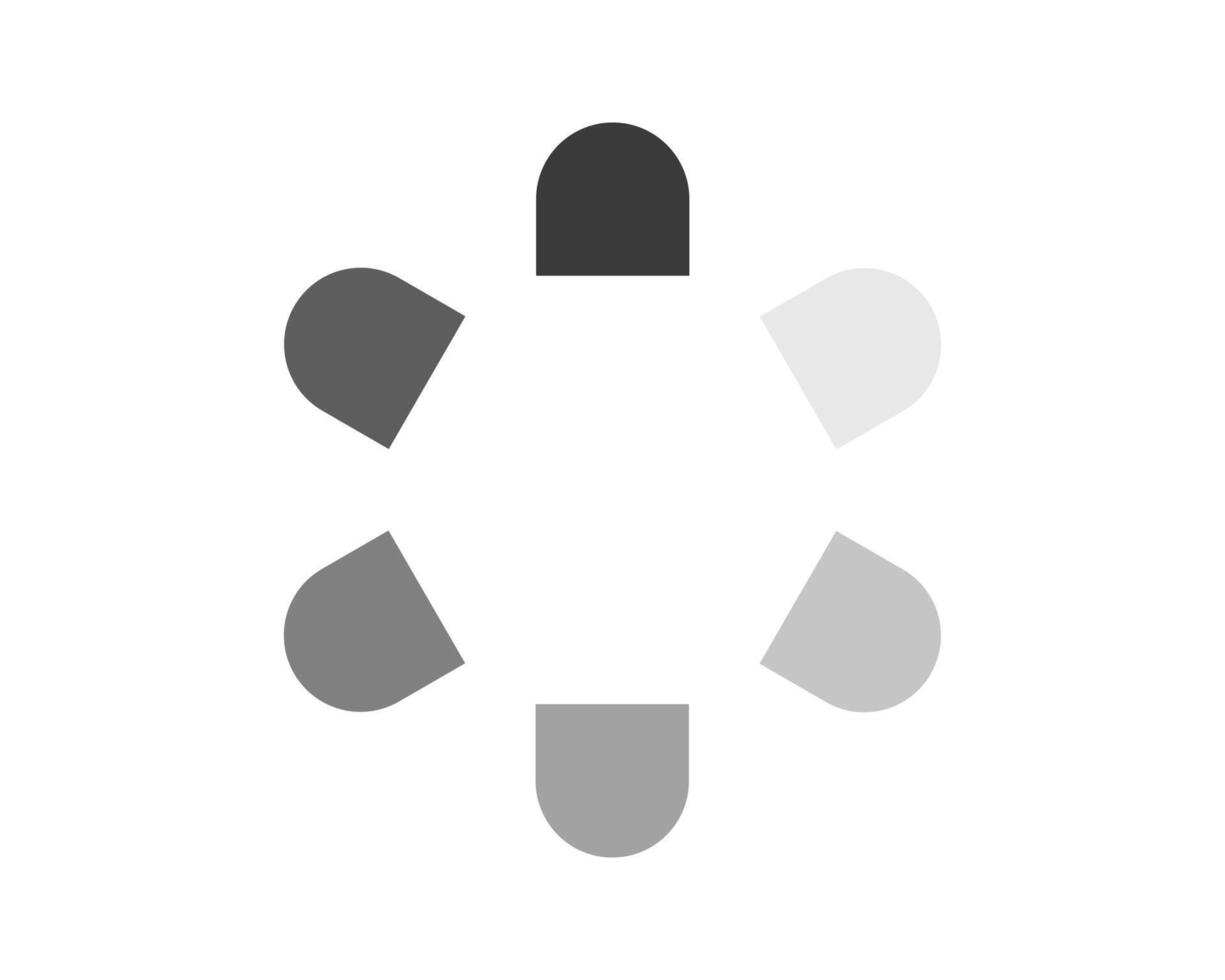 Abstract grayscale loading animation. Six rounded shapes rotate in a circular motion, creating a dynamic and modern loading indicator. vector