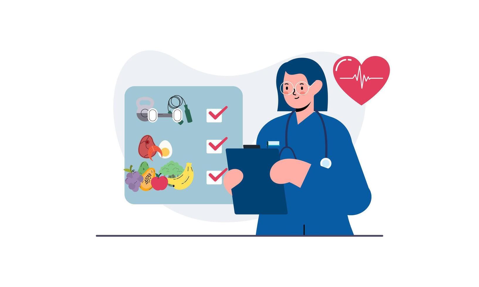 Nutritionist woman with weight loss program and diet plan. Healthy food, vitamins, sport icons vector
