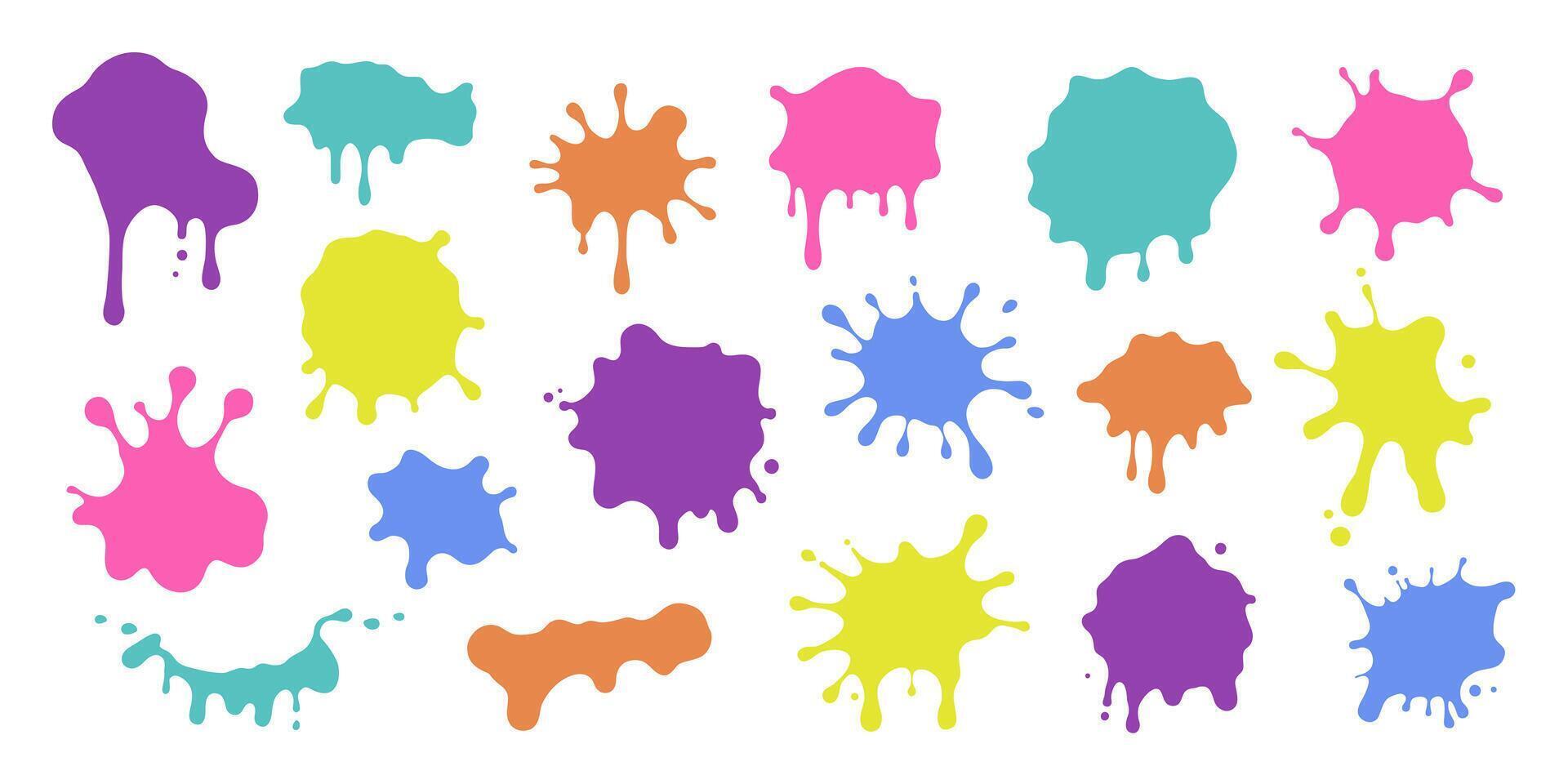 Isolated paint splashes, ink drops, liquid drips and grunge splashes. Stains with scattered and dripping droplets. Bright sprayed elements. Flat blobs of various shapes. Abstract illustrations. vector