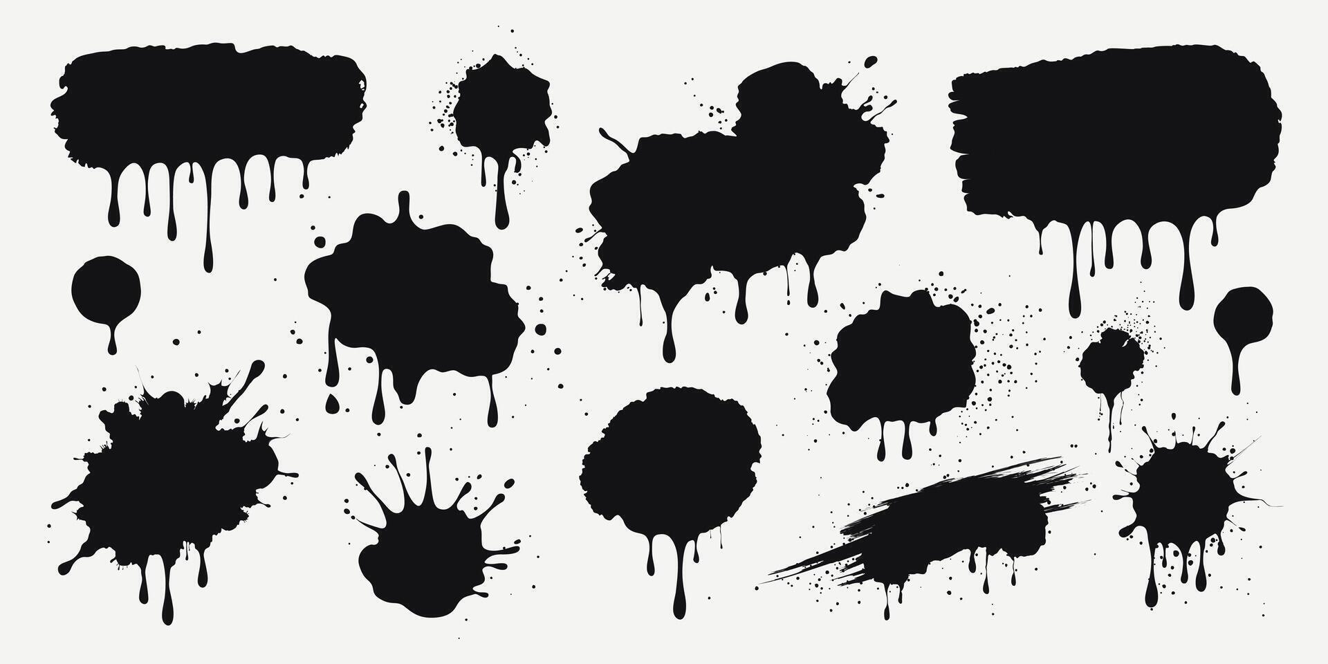Black paint splashes, ink drops, grunge liquid drips and splashes. Stains with scattered and dripping droplets. Isolated sprayed elements. Blobs of various shapes. Abstract textures. vector
