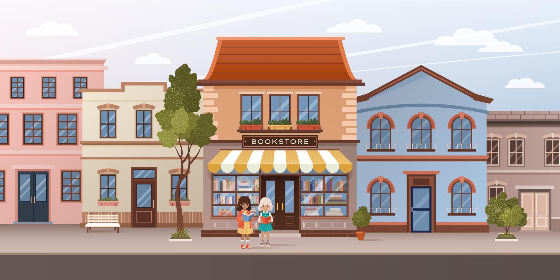 Facade of bookstore on city street. Urban landscape with buildings, apartments, road, sidewalk. Scene of two little girls reading and standing near book shop in house. Horizontal illustration. vector