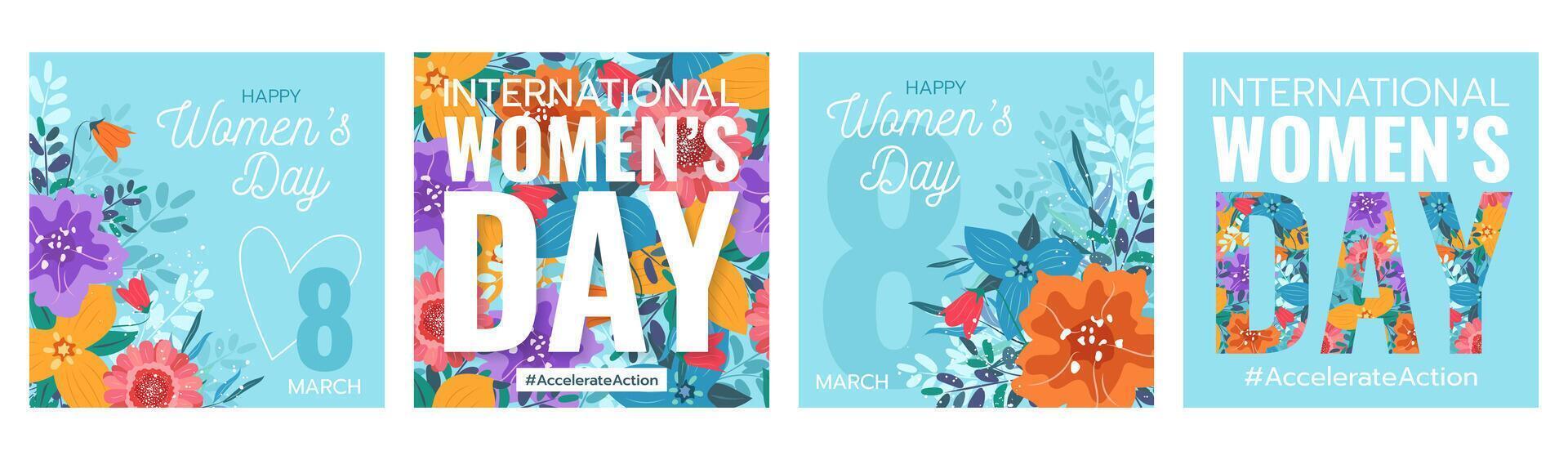International Women's Day. Accelerate Action. 2025 campaign concept. Set of modern square banners with various flowers on blue background and text. March 8. IWD. vector