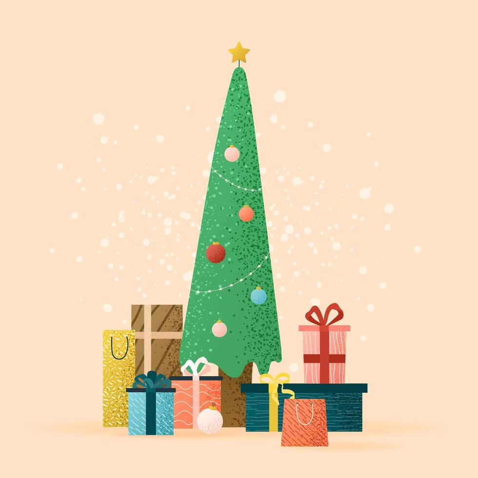 Hand drawn textured illustration with fir, gift boxes, toys, and snowflakes. Cozy scene of fir tree decorated for xmas. Flat art to celebrate happy new year, xmas, hello winter. Square banner. vector