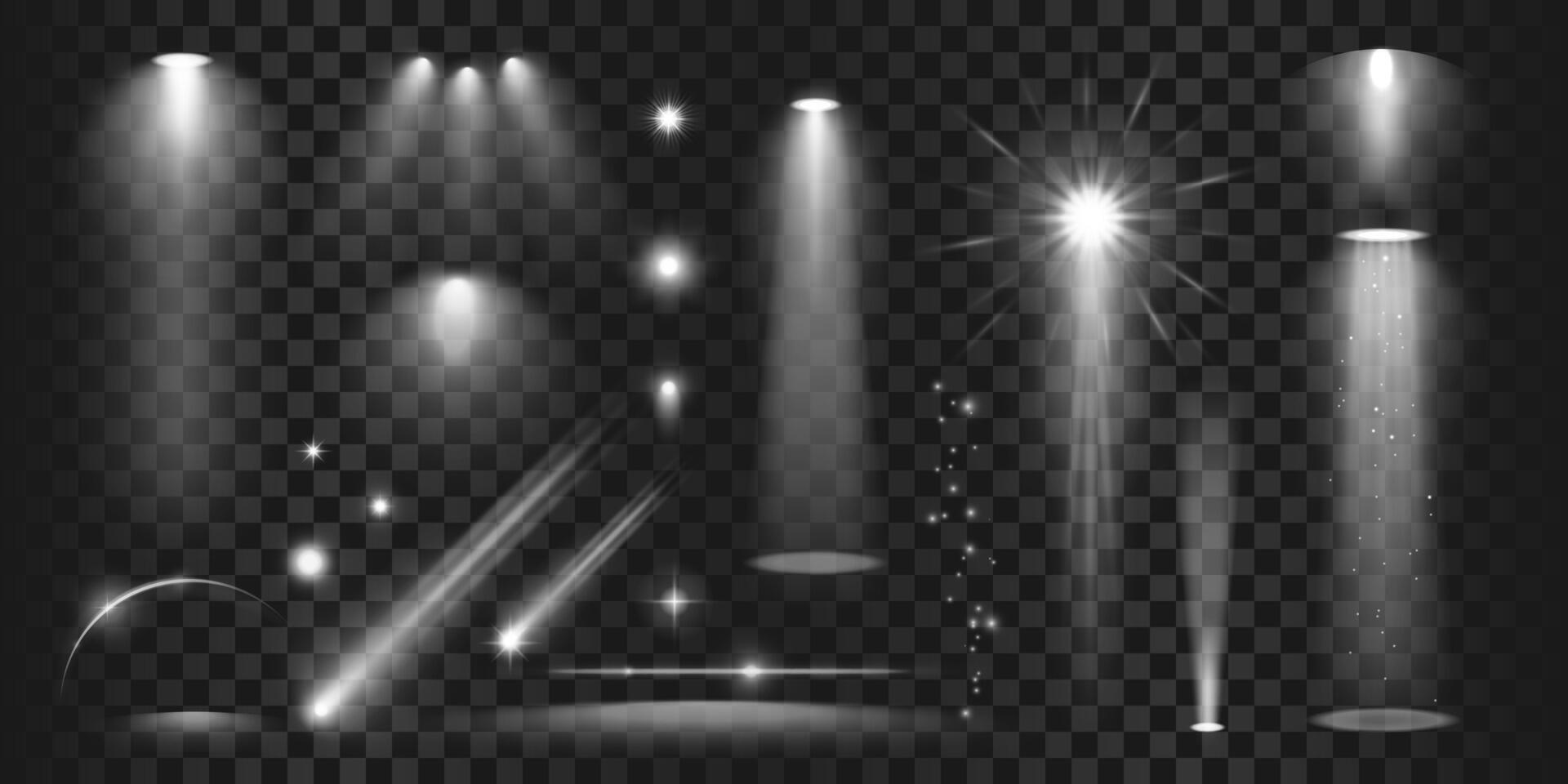 Bright lighting spotlights, star, flare, sparkle, glitter set with white light. An isolated light effects for concerts, scene illumination, the circus, parties and shows. An abstract design elements. vector