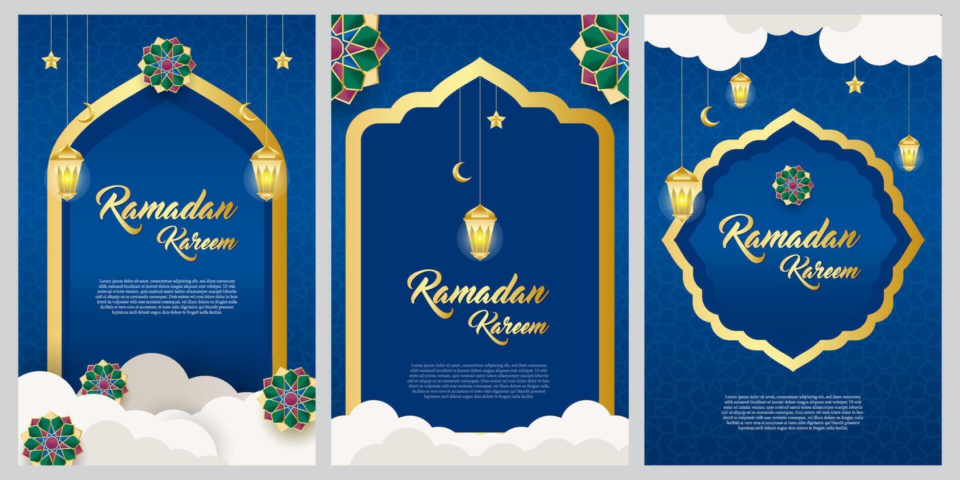 ramadan greeting card template blue background and gold lines vector