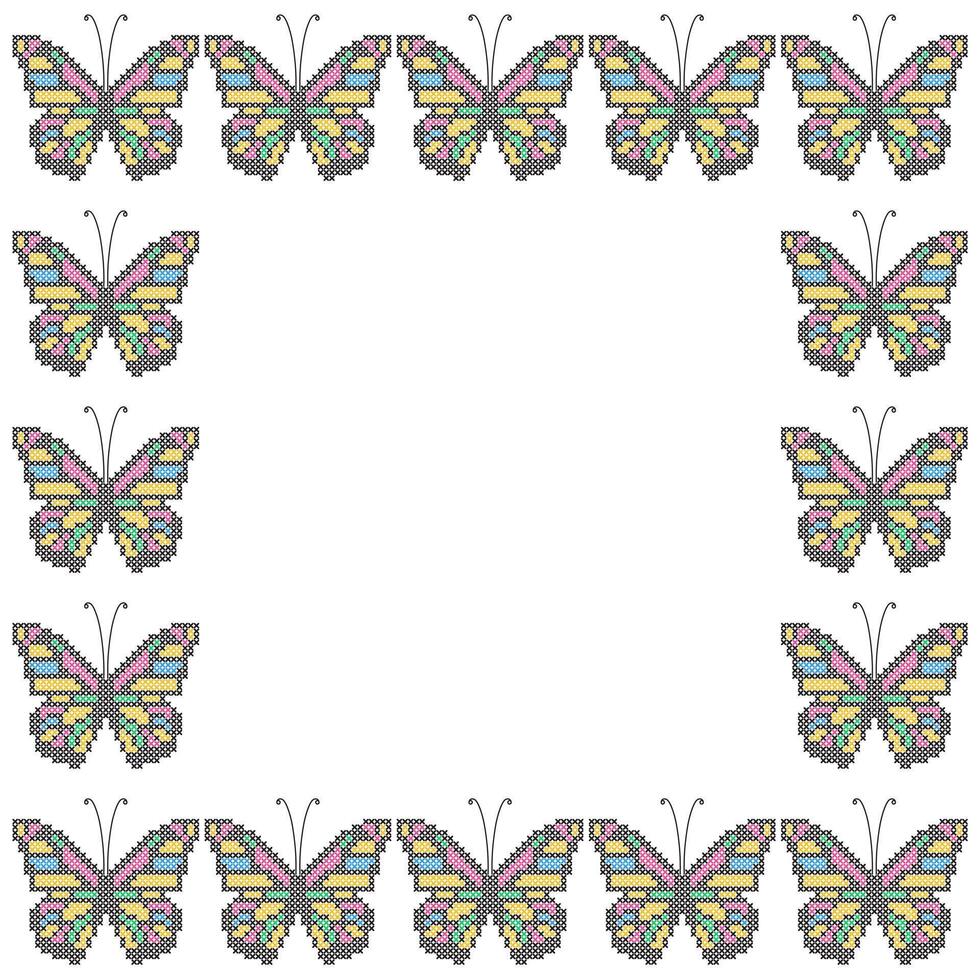 Card with cross stitch butterflies in bright colors on white background. Romantic summer background. Empty space for text or picture. vector