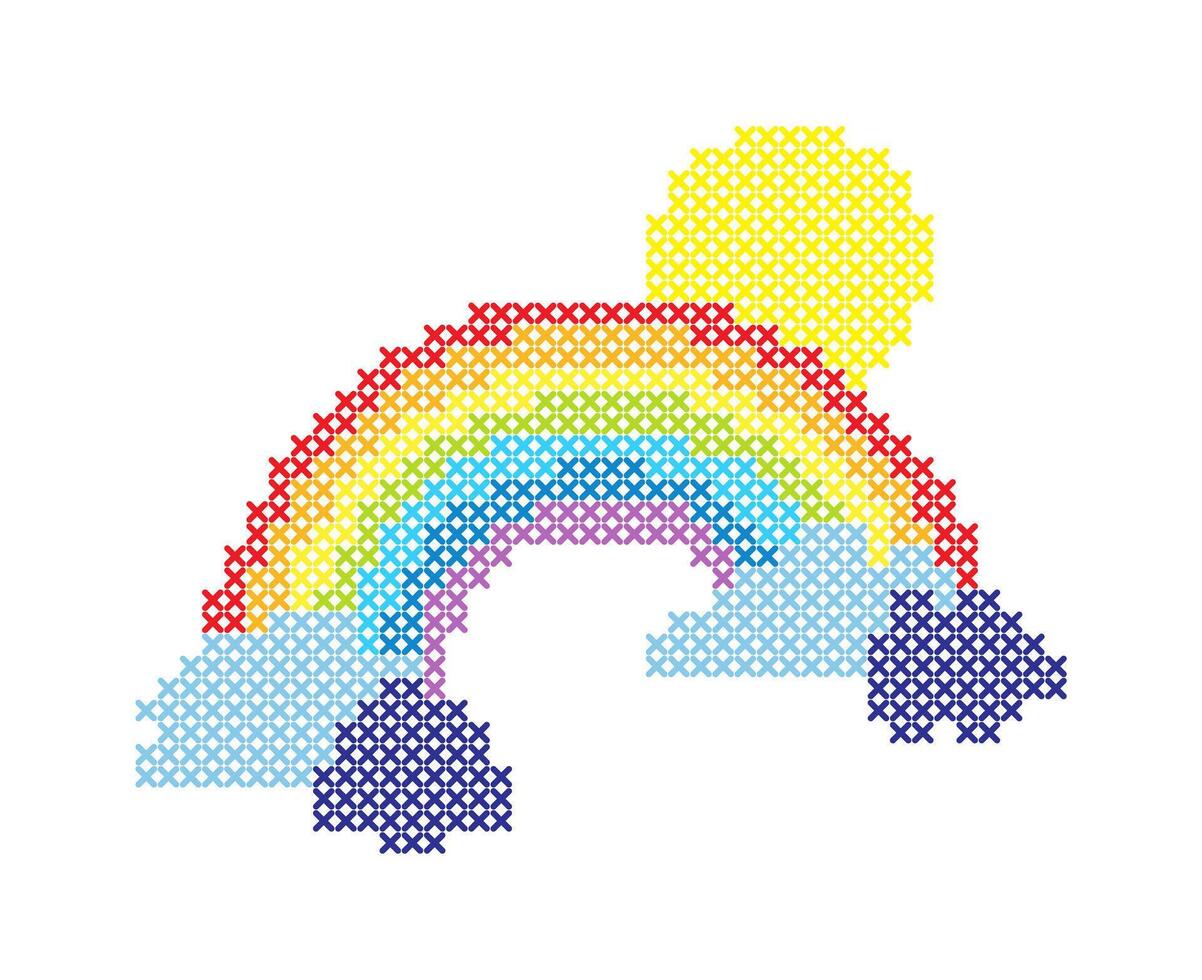 Cartoon rainbow, clouds and sun isolated on white background. Cross stitching. vector