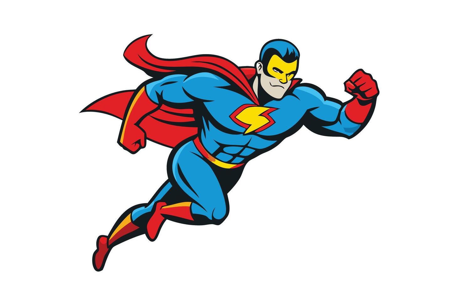 Dynamic illustration of a superhero in vibrant red and blue costume, flying with a cape, symbolizing strength and heroism vector