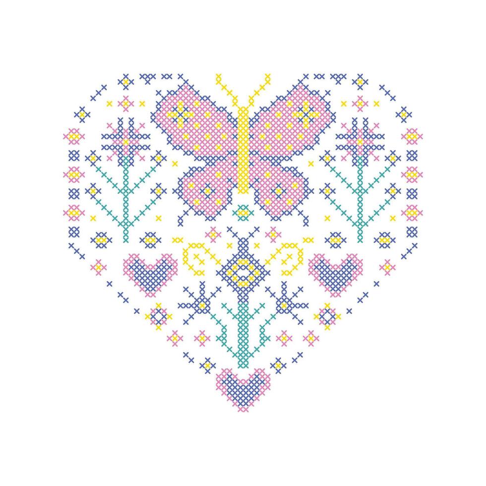 Heart with flowers and butterflies in cross stitch style on white background. vector