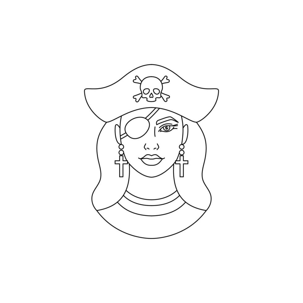 Icon of young woman pirate in a simple line art style on white background. vector