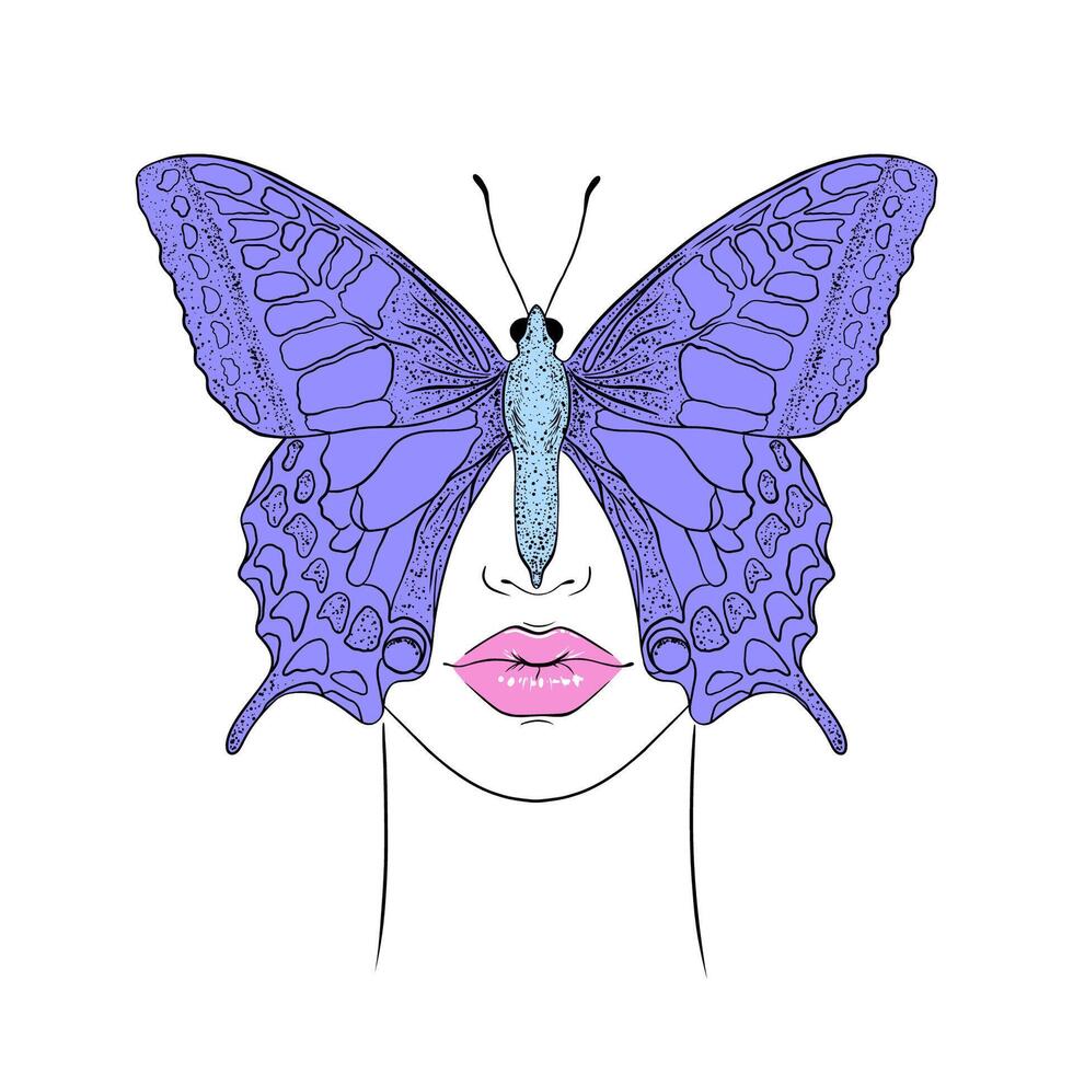 Butterfly covers woman's face.Hand drawn illustration. vector