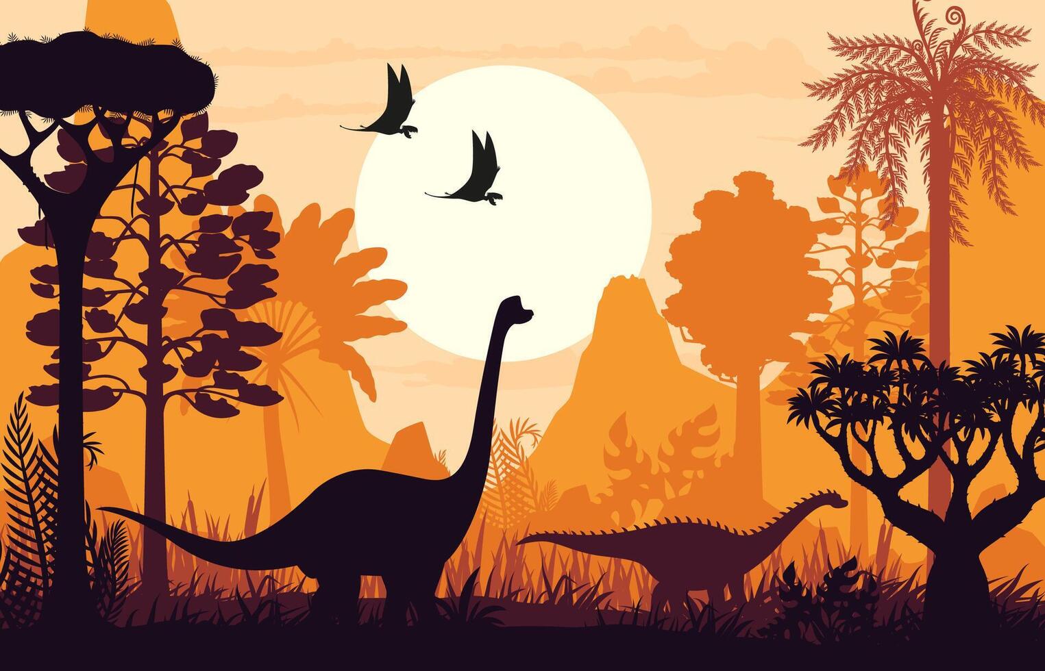 Dinosaur silhouettes in jungle forest background vector