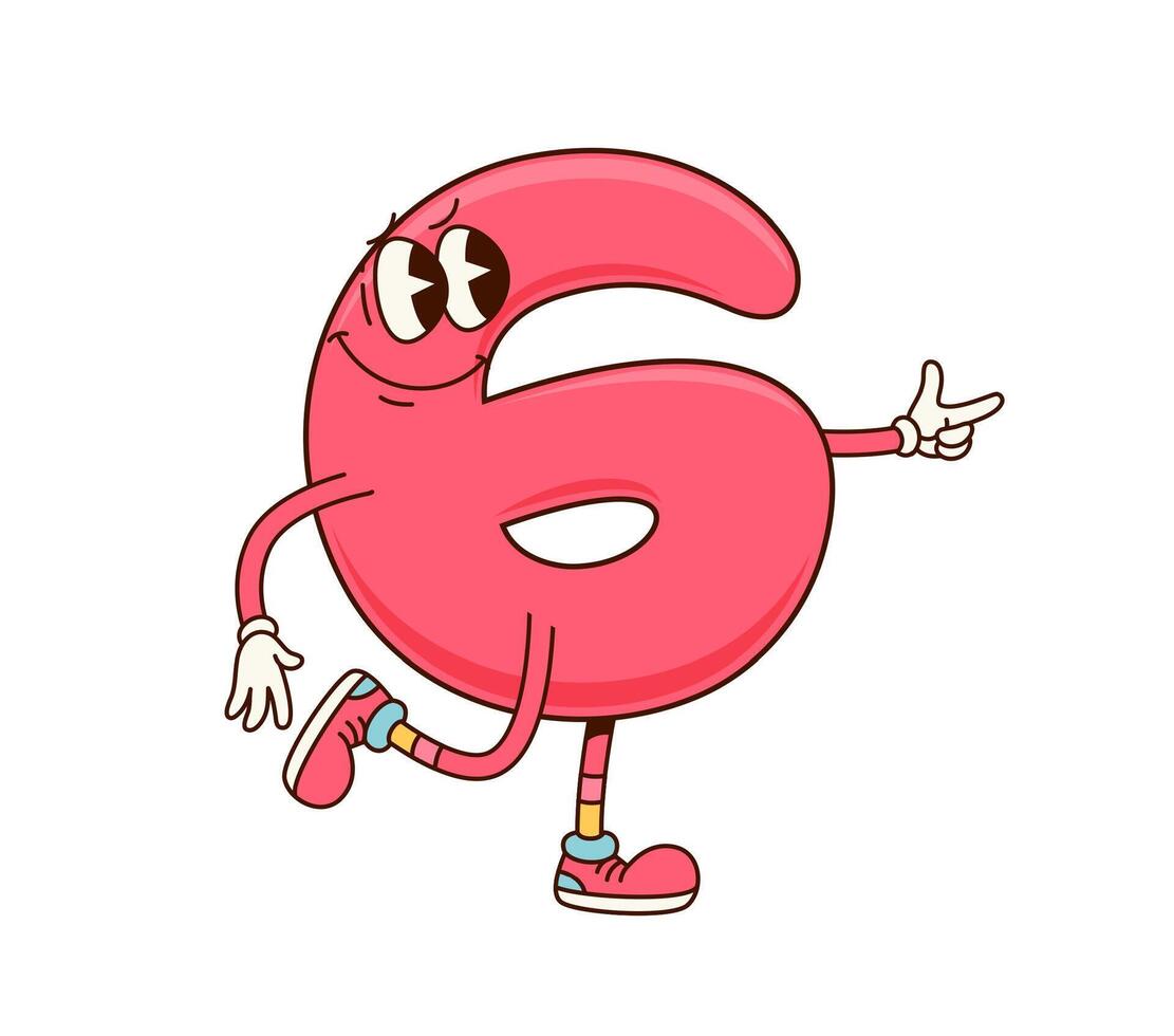 Groovy number 6 Six, retro cartoon math character vector