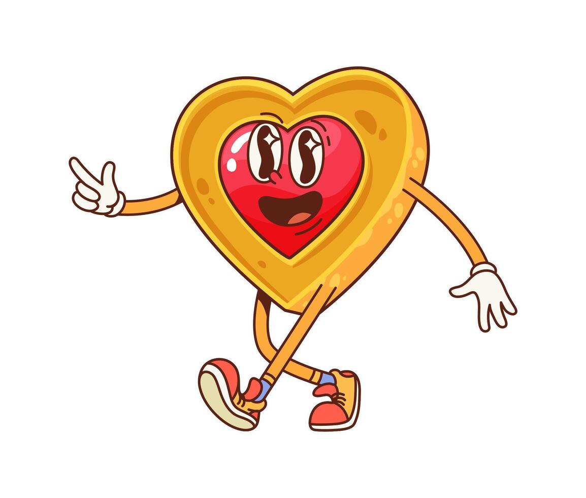 Cartoon heart-shaped cookie groovy character vector