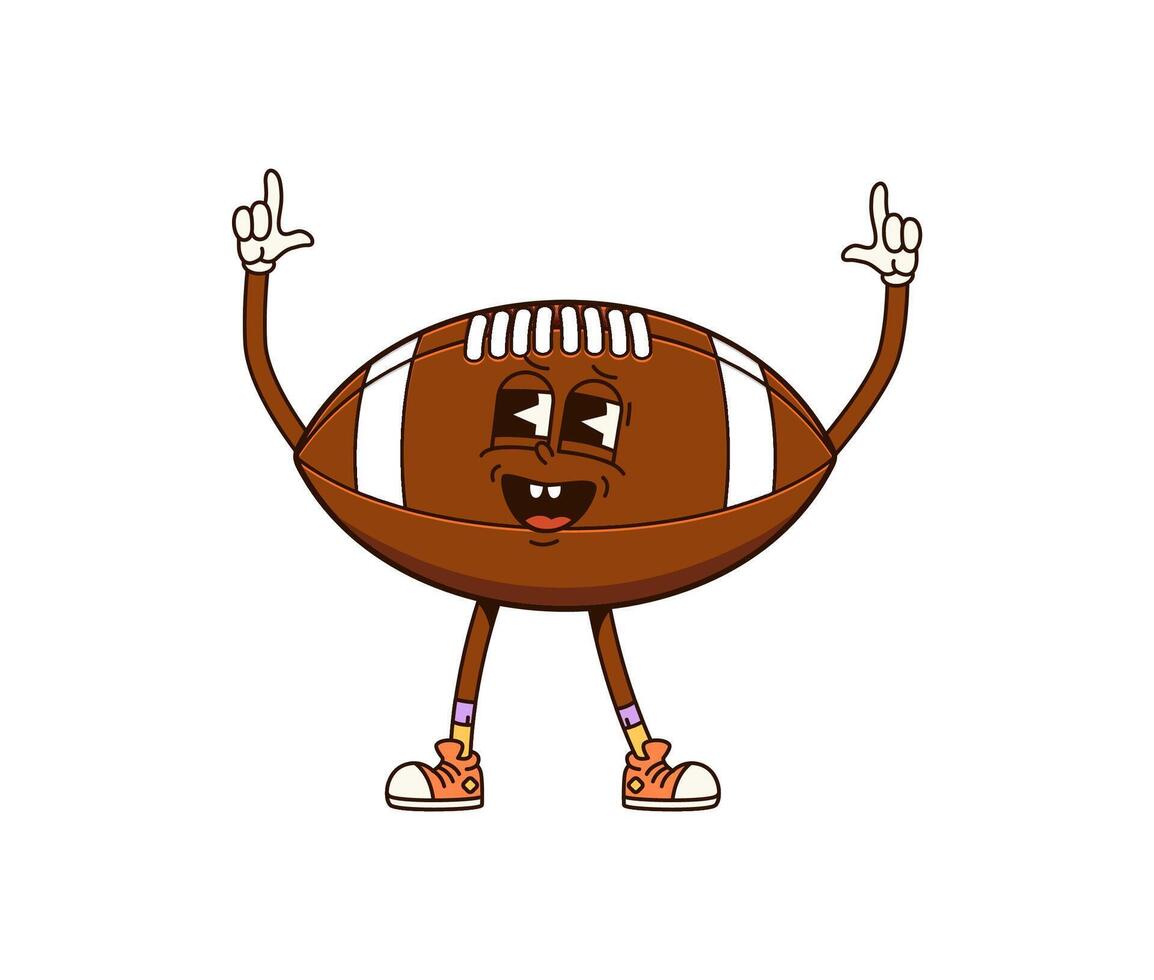 Groovy rugby ball sport character pointing up vector
