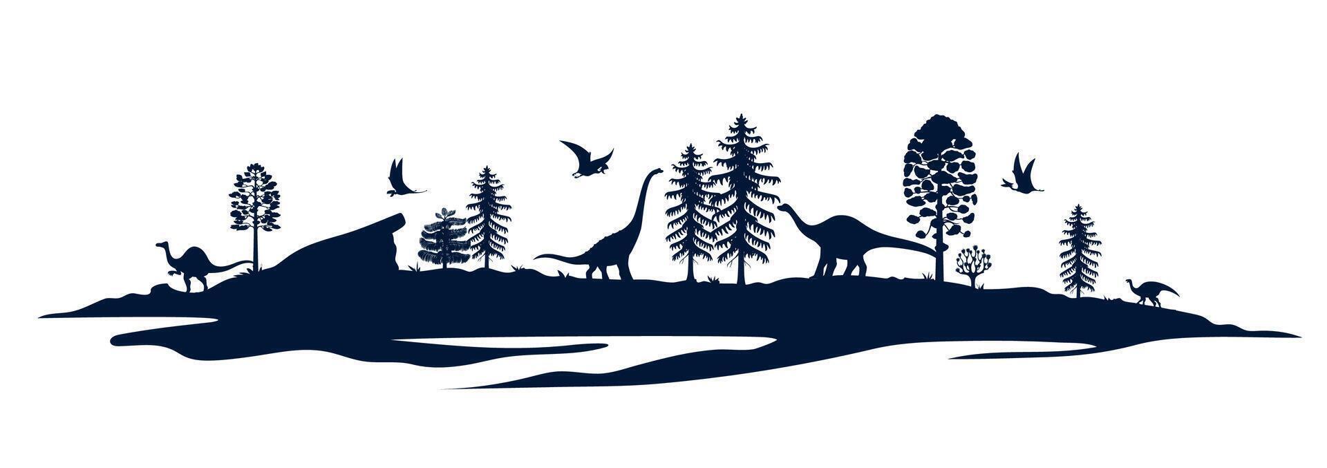 Dinosaurs silhouettes at prehistoric landscape vector