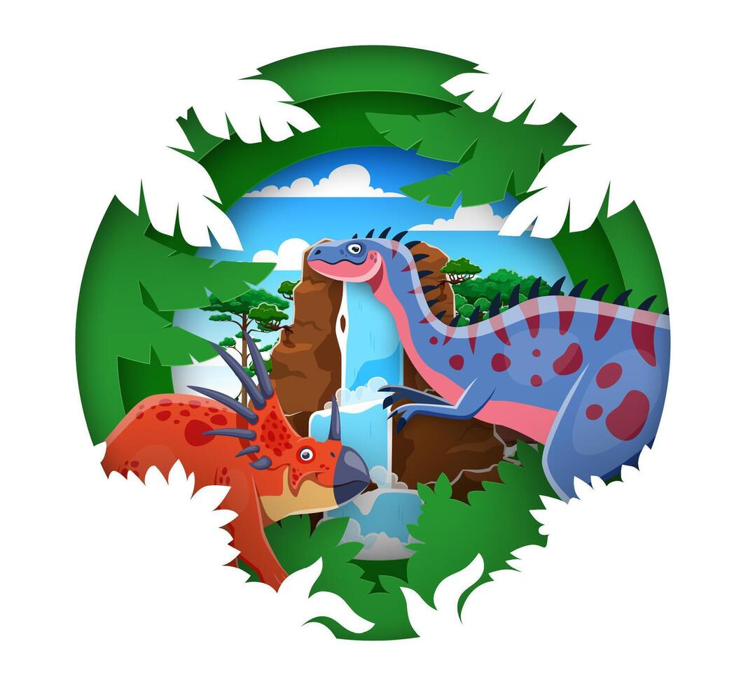 Prehistoric dinosaurs characters paper cut banner vector