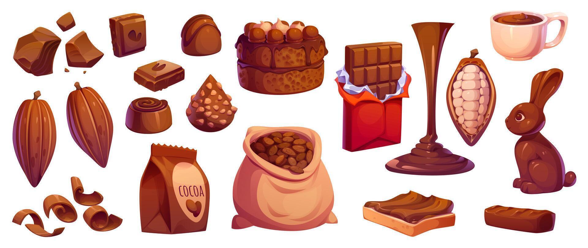 Cartoon chocolate and cocoa candies, bars and cake vector
