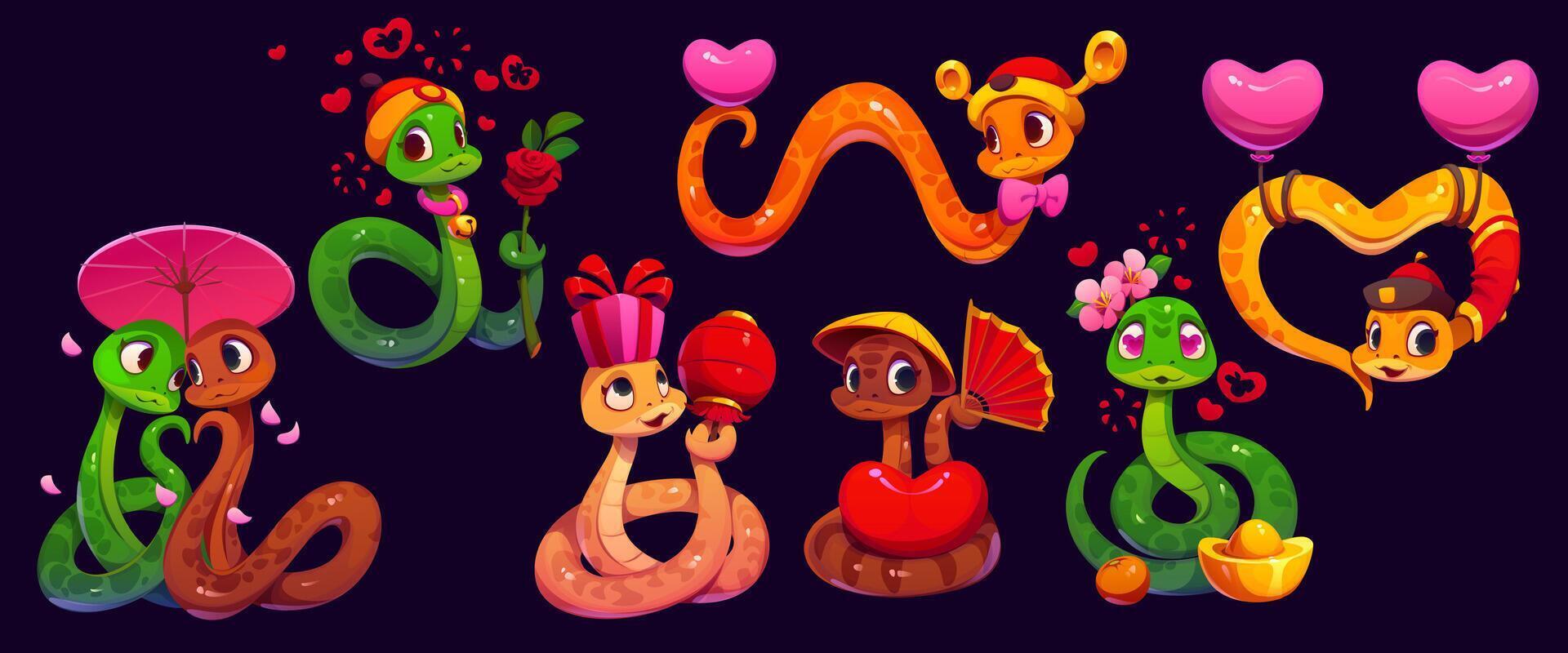 Valentine day cartoon snake characters with hearts vector