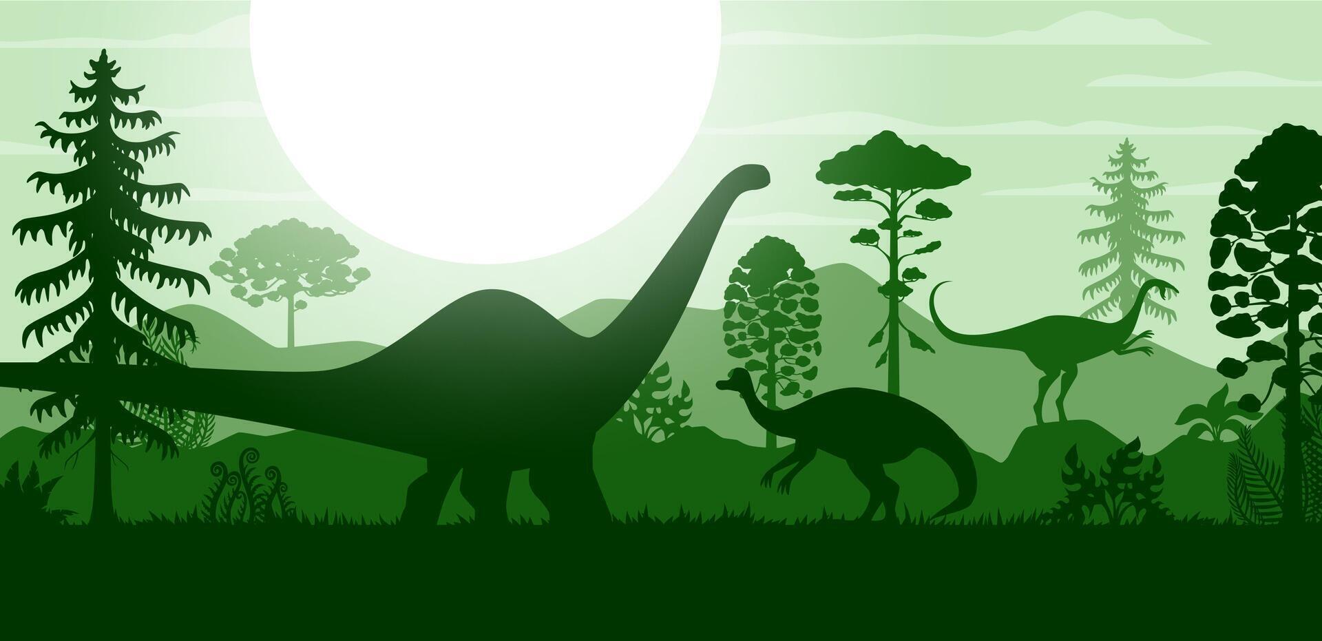 Prehistoric dinosaurs and trees silhouettes vector