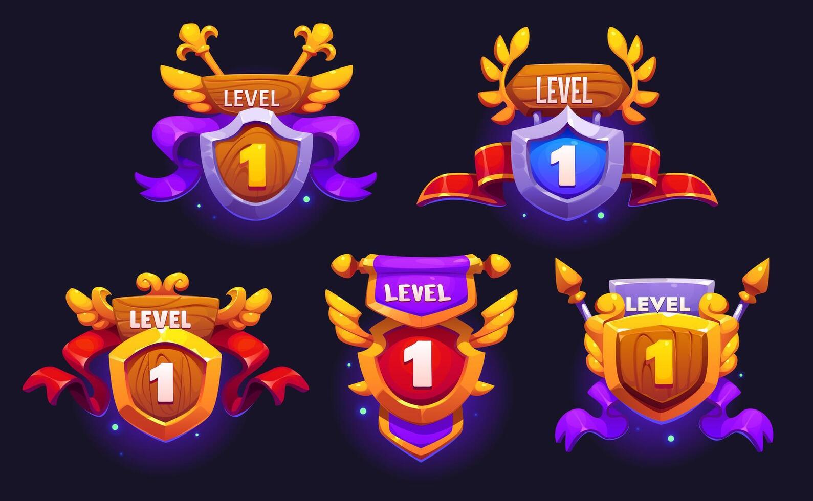 Game level up badge icons, victory shields asset vector
