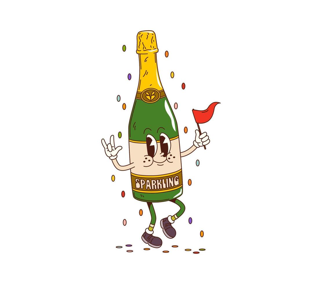 Cartoon groovy sparkling wine bottle character vector